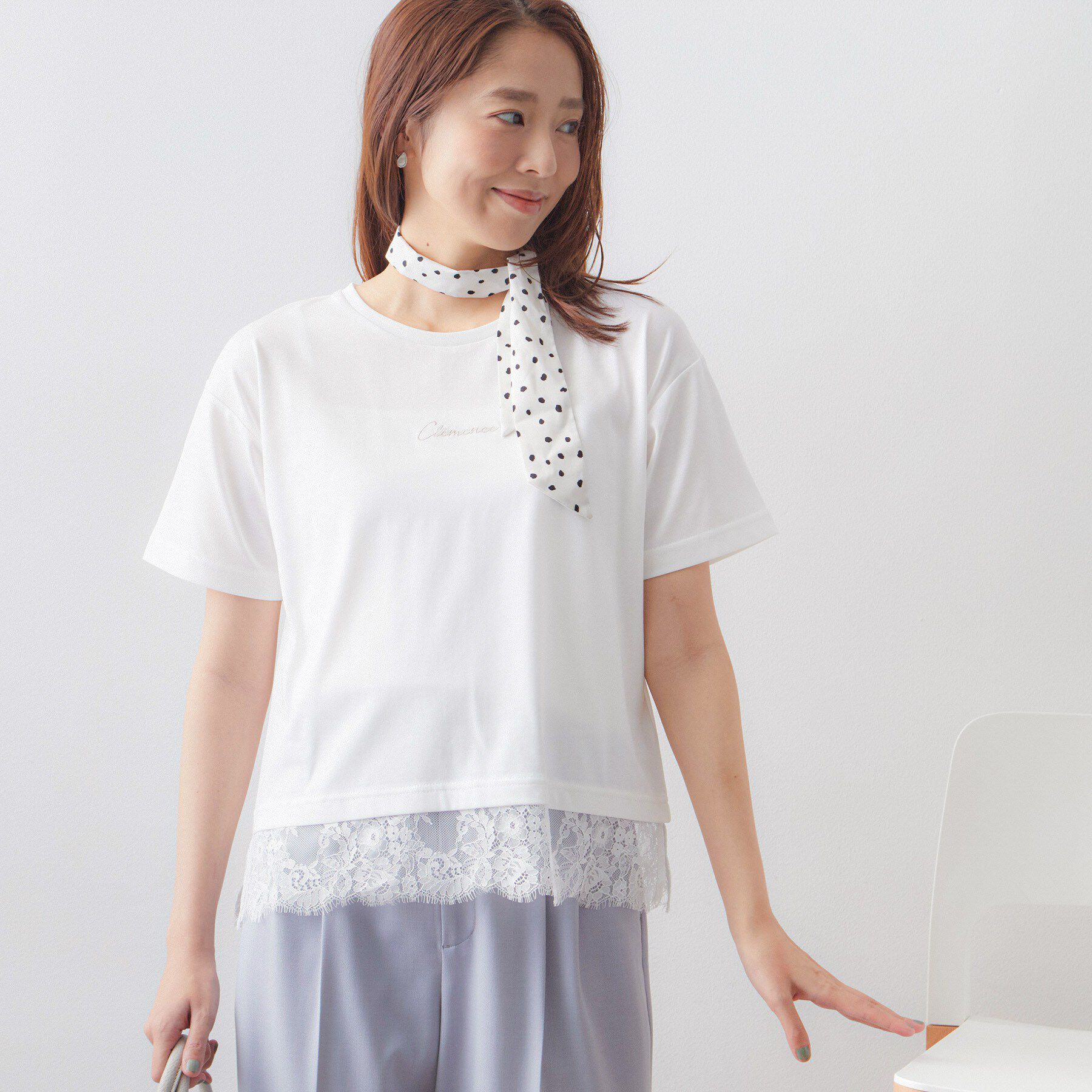 index「【接触冷感／UV】刺繍ロゴ裾レースTシャツ《洗濯機OK》」|Tシャツ・カットソー|オフホワイト(003