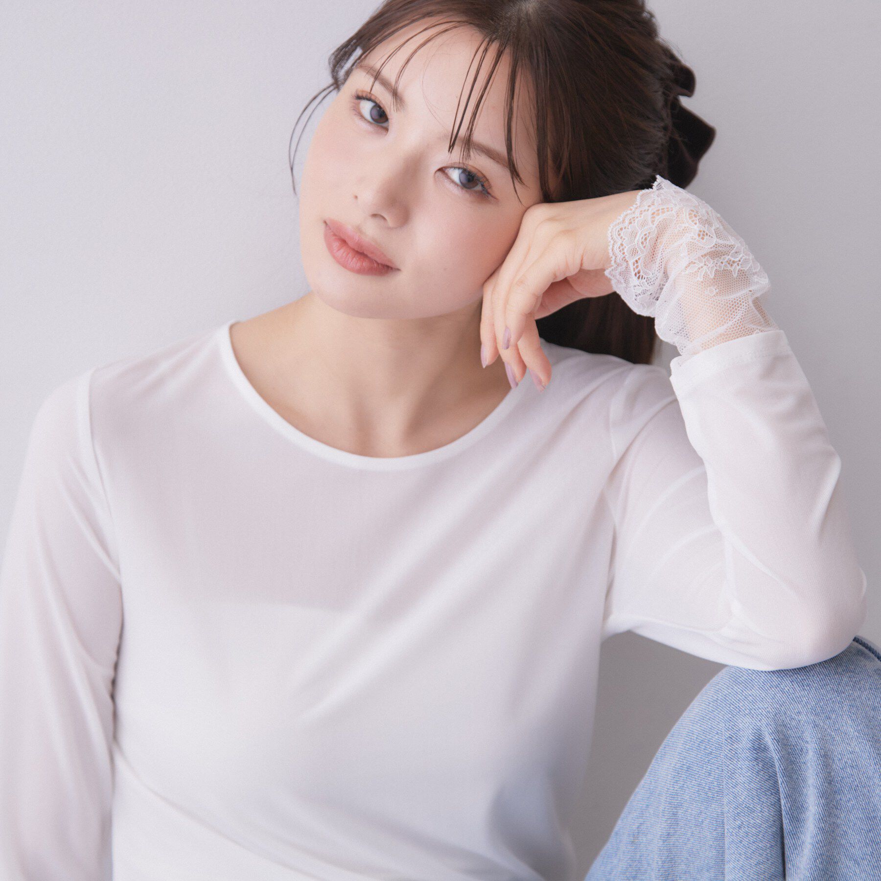 index「袖レースシアートップス【洗濯機OK】」|Tシャツ・カットソー|オフホワイト(003