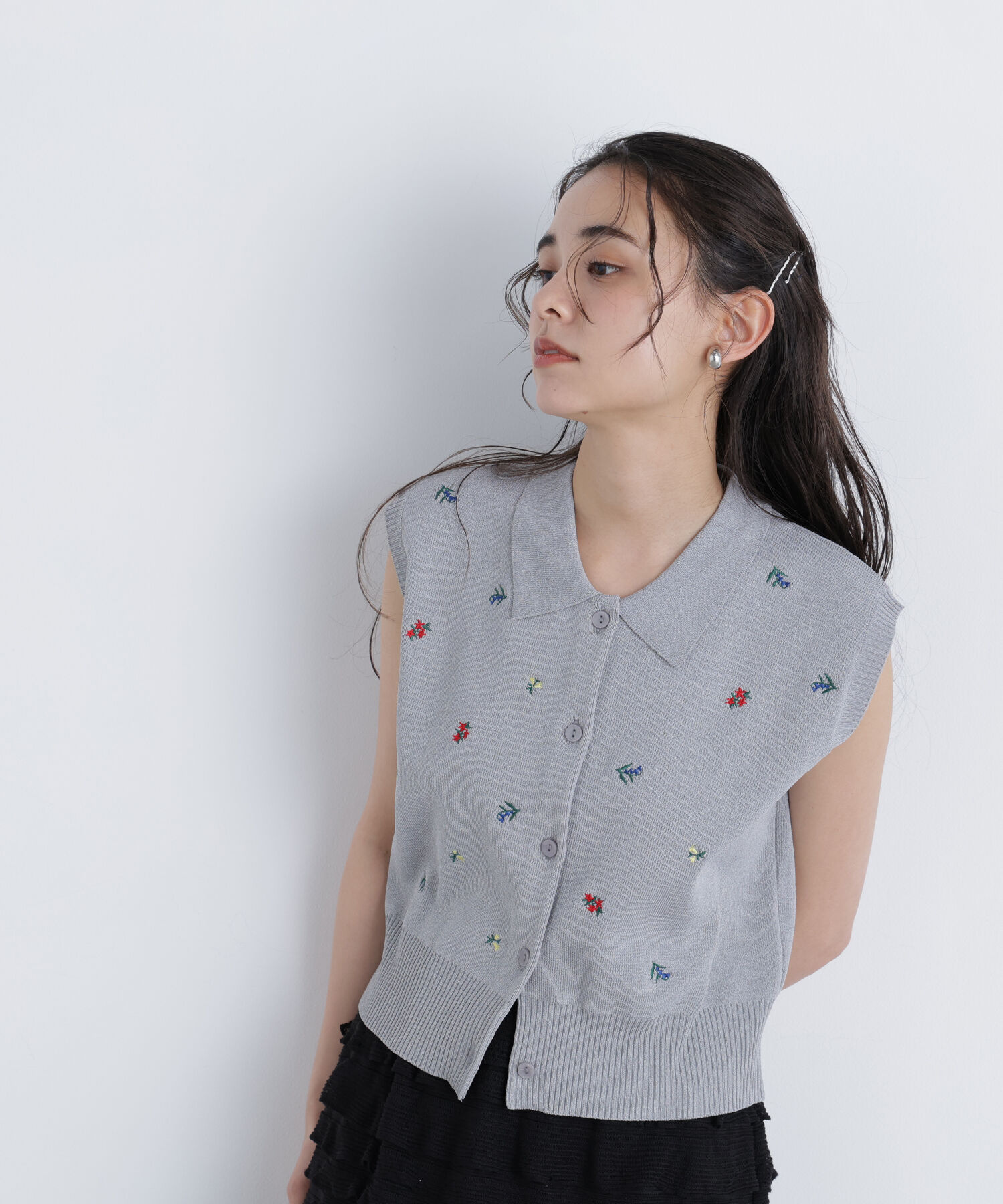  「〈N.〉ポロカラーフラワー刺繍ニット」|ニット・セーター|杢グレーベー 2
