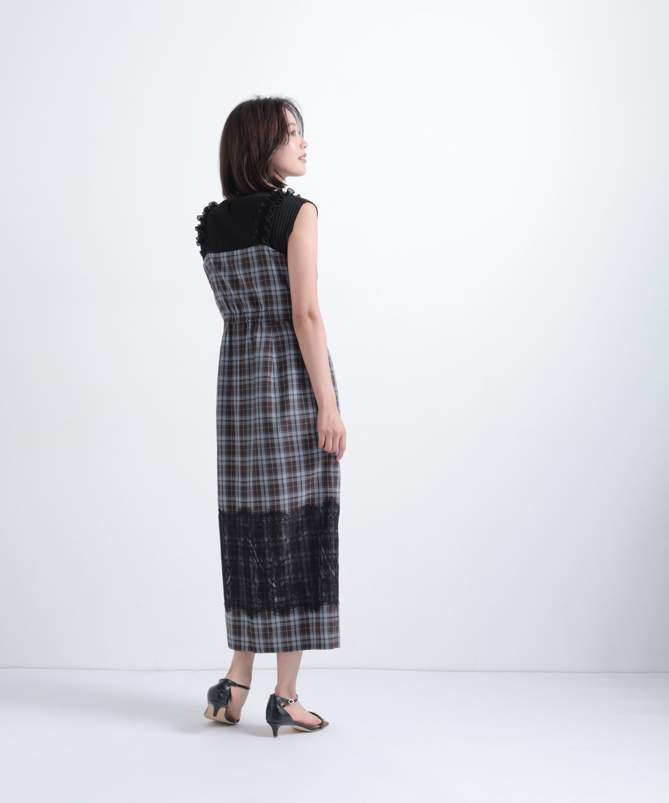  「チェックフリルショルダーワンピース」|ワンピース|