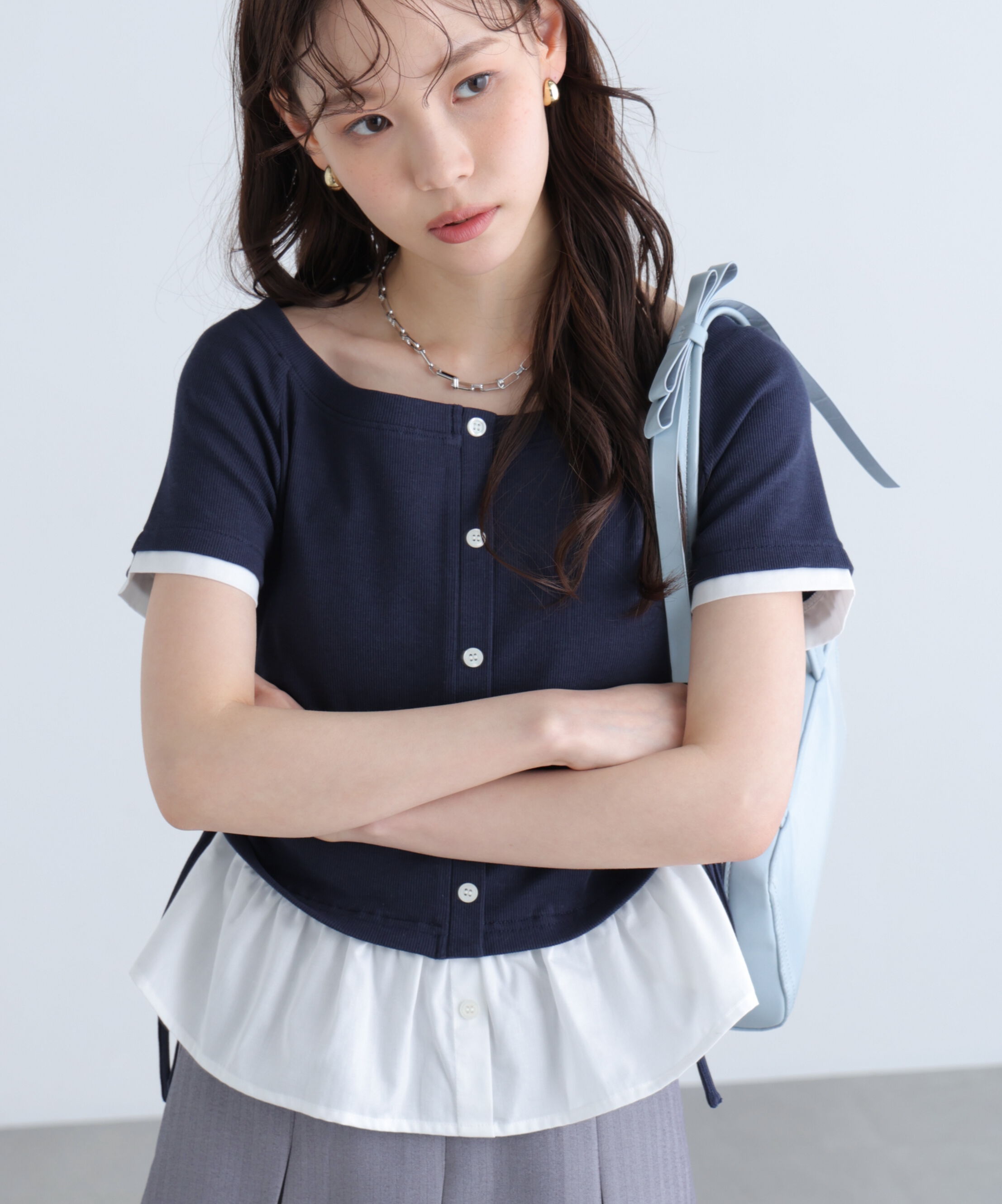  「布帛ドッキングサイドシャーリング半袖カットソー」|Tシャツ・カットソー|