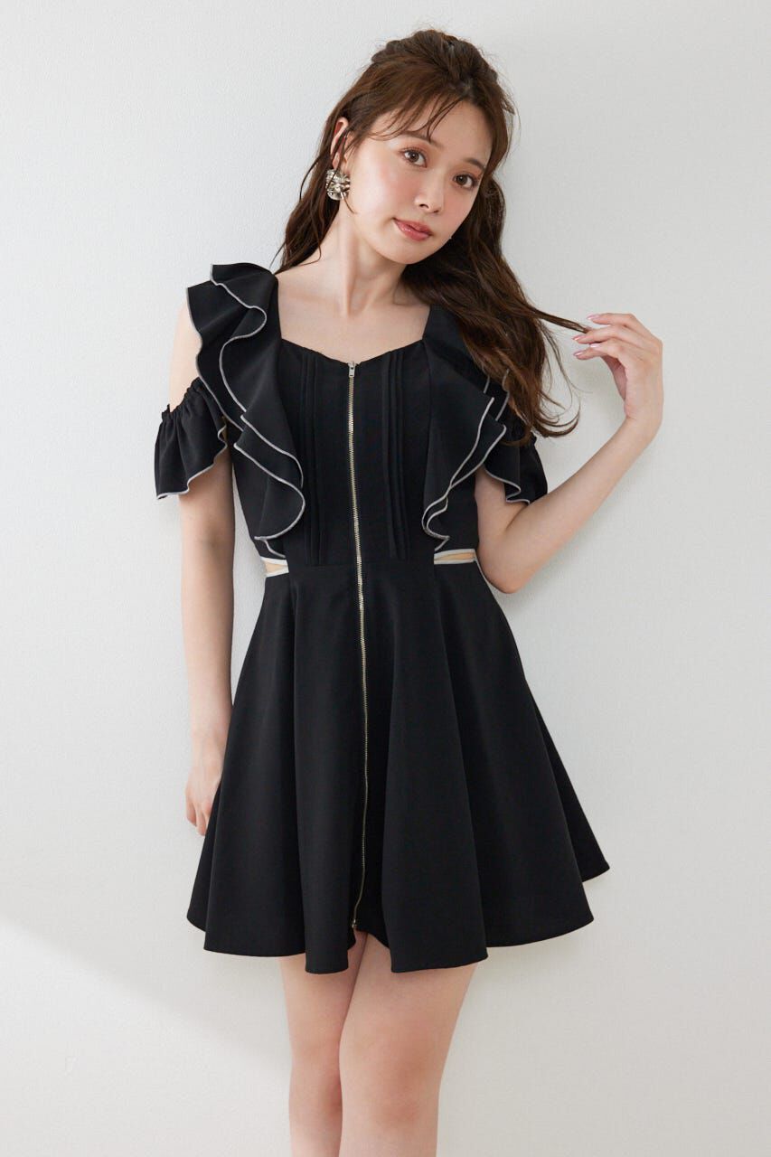 rienda「フロントジップフリルミニワンピース」|ワンピース|BLK