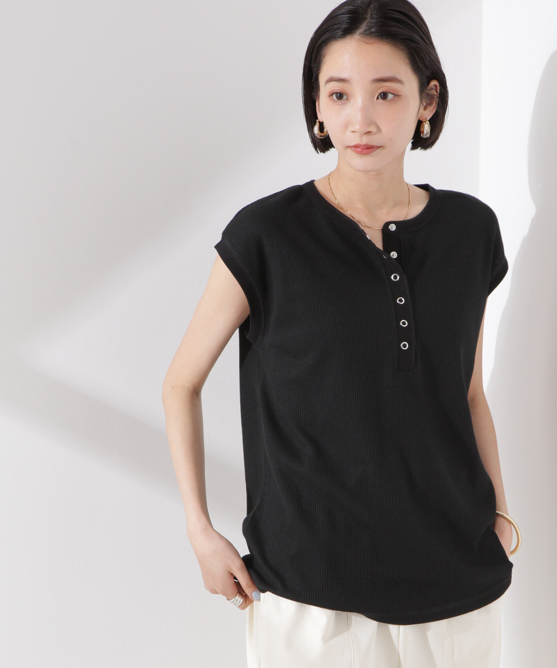 NANO universe「ワッフルヘンリーノースリーブトップス」|Tシャツ・カットソー|