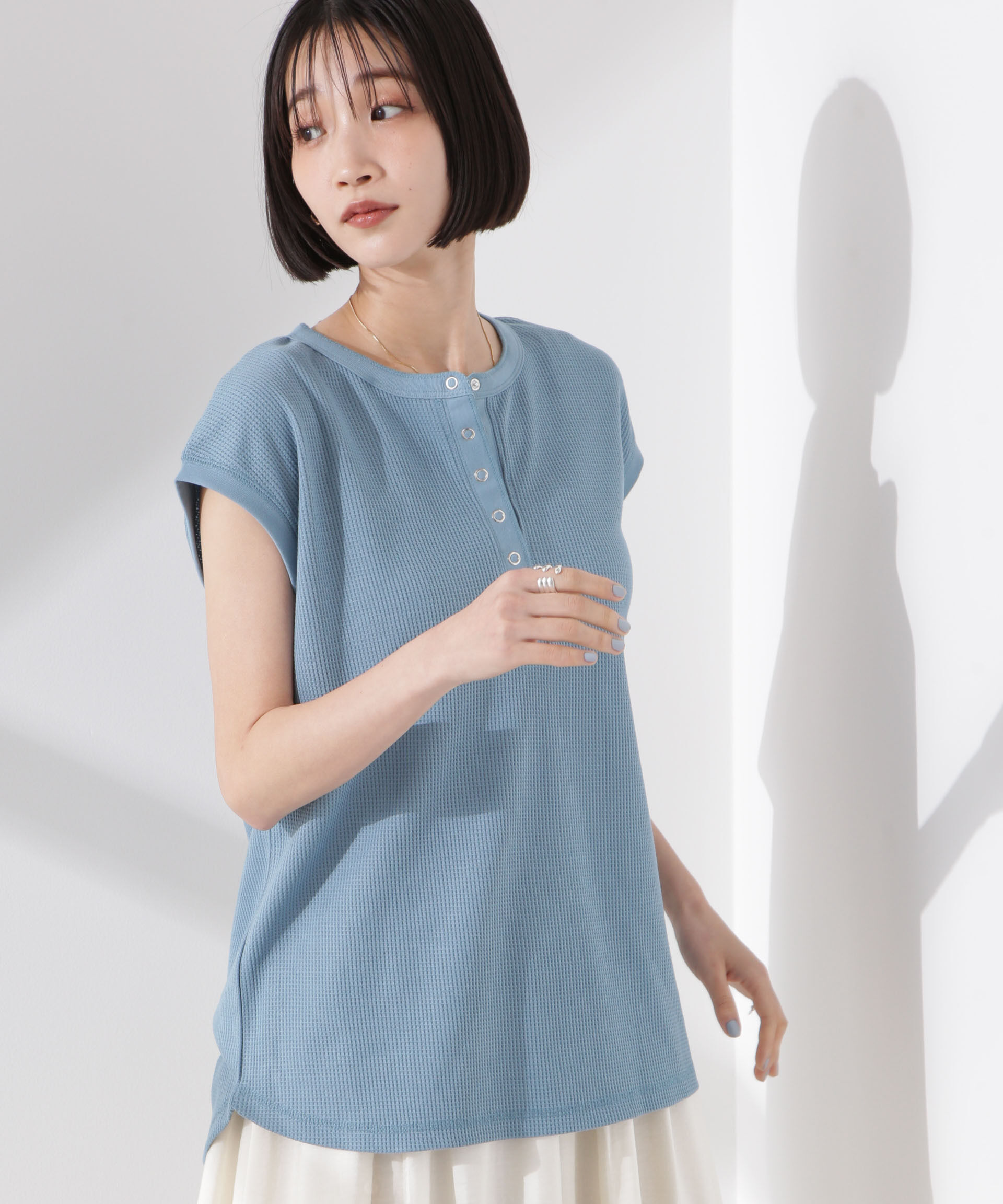 NANO universe「ワッフルヘンリーノースリーブトップス」|Tシャツ・カットソー|ブルー