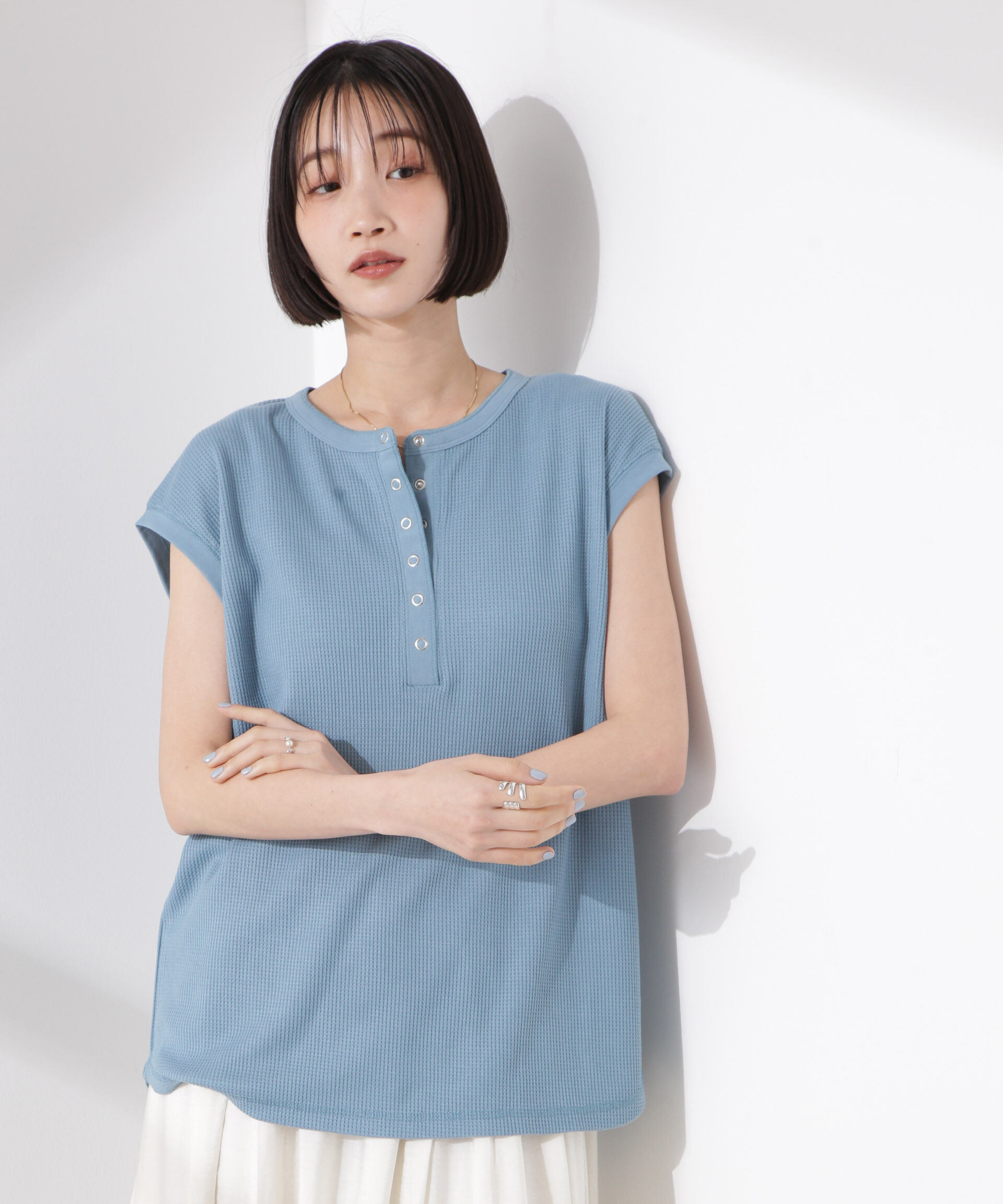 NANO universe「ワッフルヘンリーノースリーブトップス」|Tシャツ・カットソー|