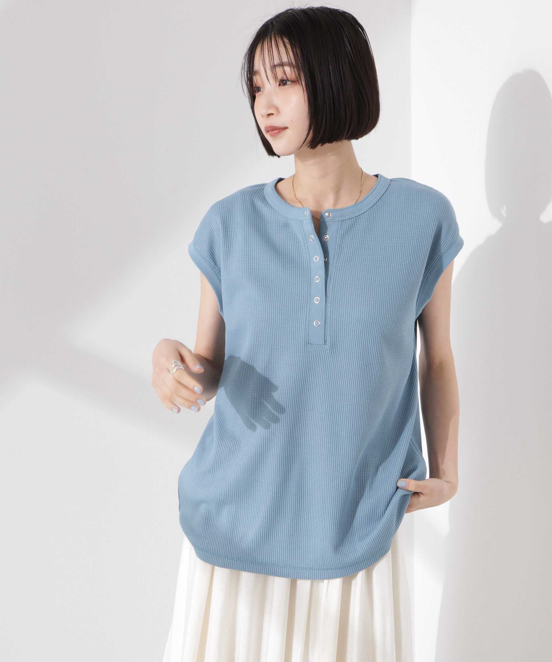 NANO universe「ワッフルヘンリーノースリーブトップス」|Tシャツ・カットソー|