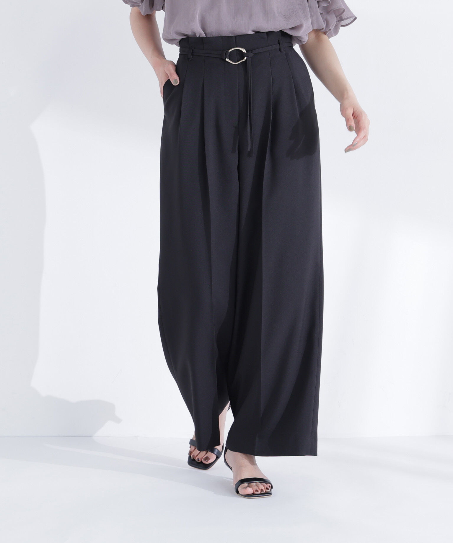 「ダブルベルトワイドパンツ」|その他|ブラック
