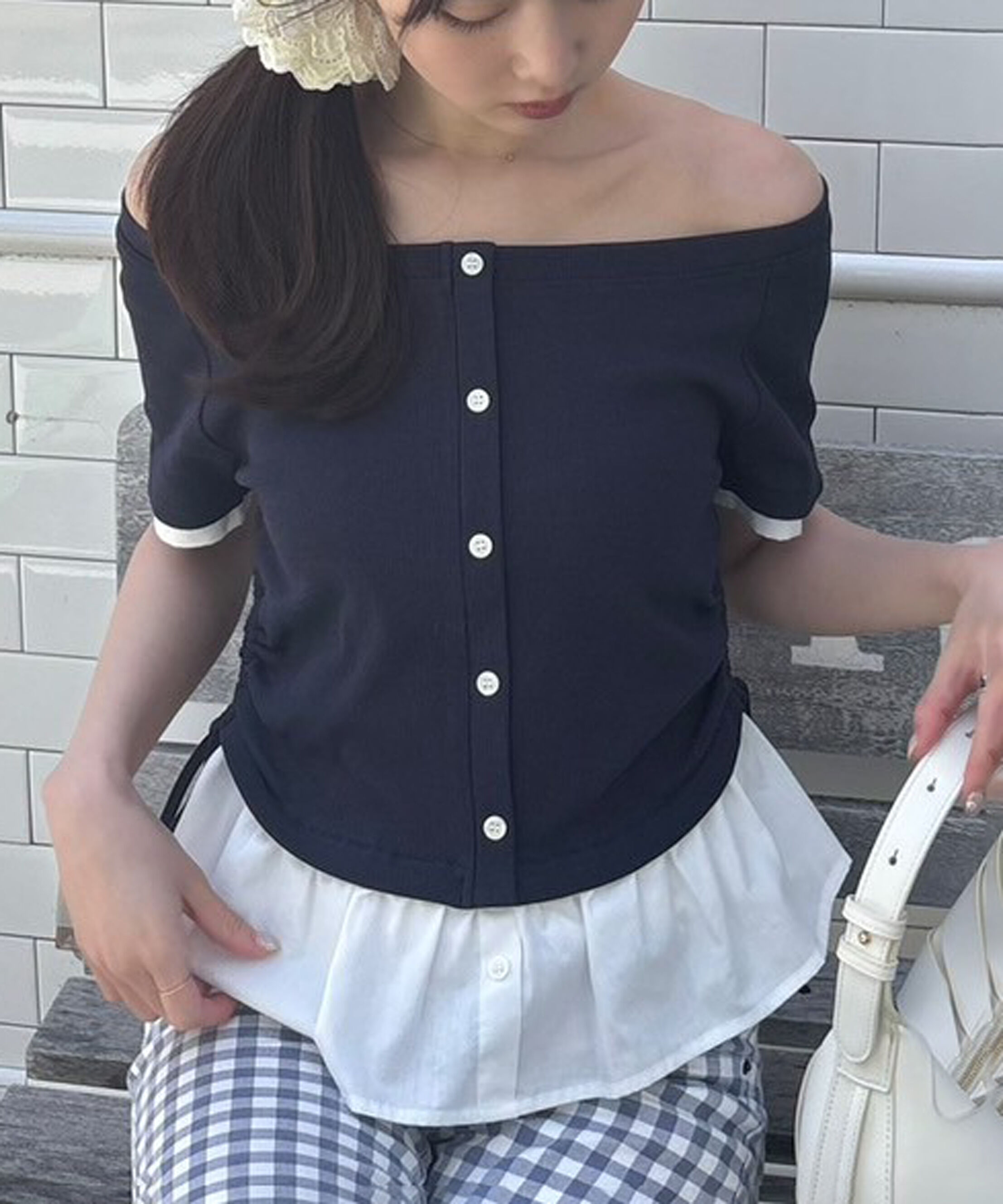  「布帛ドッキングサイドシャーリング半袖カットソー」|Tシャツ・カットソー|