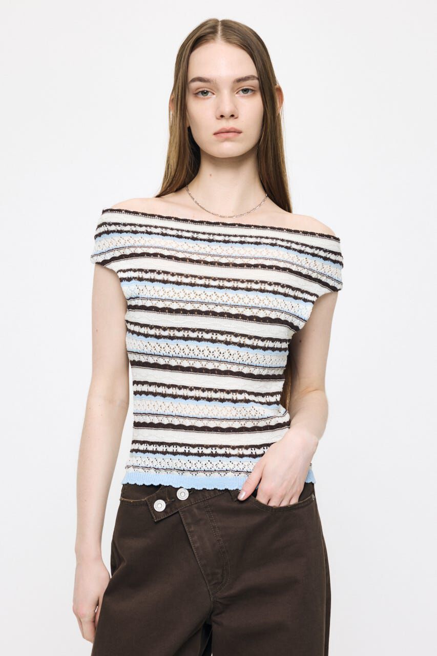 MOUSSY「STRIPED OFF SHOULDER トップス」|ニット・セーター|