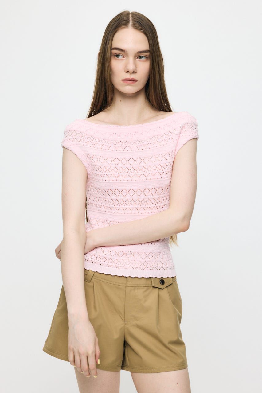 MOUSSY「STRIPED OFF SHOULDER トップス」|ニット・セーター|L/PNK1
