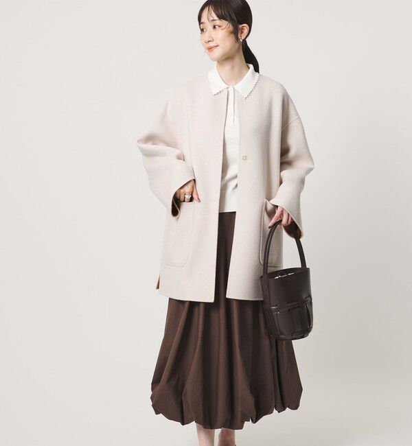 UNITED ARROWS「バイカラー リバー ミドルコート」|ノーカラーコート|
