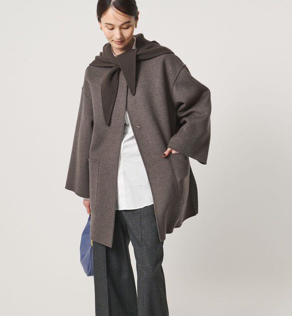 UNITED ARROWS「バイカラー リバー ミドルコート」|ノーカラーコート|