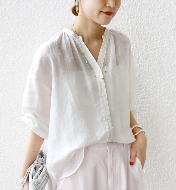 SHIPS for women「〈手洗い可能〉IMPERIAL LINEN 混 バンドカラー スキッパー シャツ」|シャツ・ブラウス|
