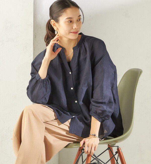 SHIPS for women「〈手洗い可能〉IMPERIAL LINEN 混 バンドカラー スキッパー シャツ」|シャツ・ブラウス|