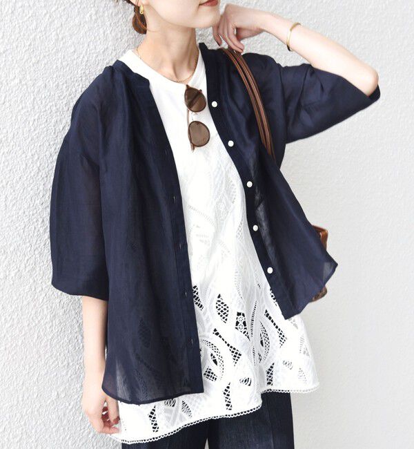 SHIPS for women「〈手洗い可能〉IMPERIAL LINEN 混 バンドカラー スキッパー シャツ」|シャツ・ブラウス|