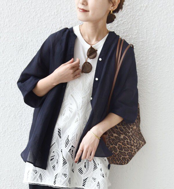 SHIPS for women「〈手洗い可能〉IMPERIAL LINEN 混 バンドカラー スキッパー シャツ」|シャツ・ブラウス|