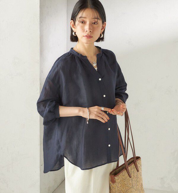 SHIPS for women「〈手洗い可能〉IMPERIAL LINEN 混 バンドカラー スキッパー シャツ」|シャツ・ブラウス|