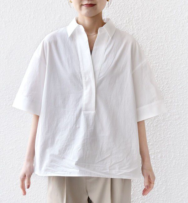 SHIPS for women「〈手洗い可能〉無地/ストライプ スキッパー サイド スリット 半袖 シャツ」|シャツ・ブラウス|
