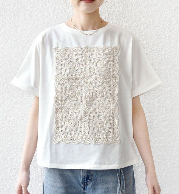 SHIPS for women「【WEB限定】〈汗染み防止/手洗い可能〉クロシェ レース ドッキング ショート スリーブ TEE」|Tシャツ・カットソー|