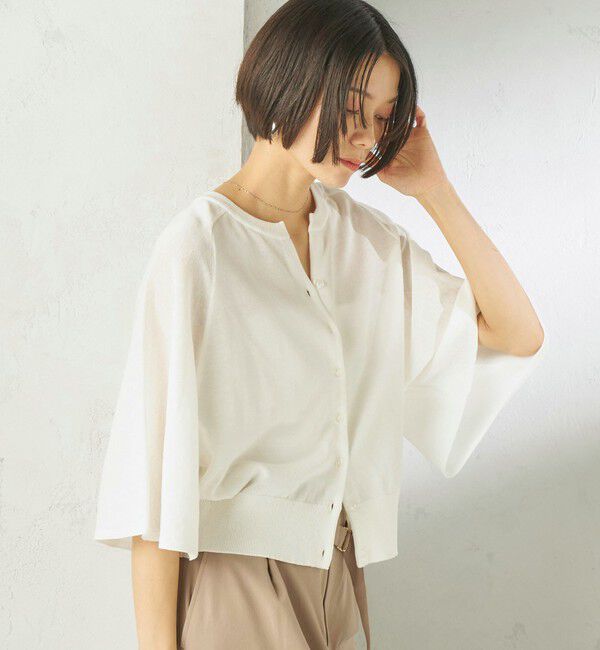 SHIPS for women「〈手洗い可能〉綿 フレア スリーブ キーネック カーディガン」|カーディガン|オフホワイト