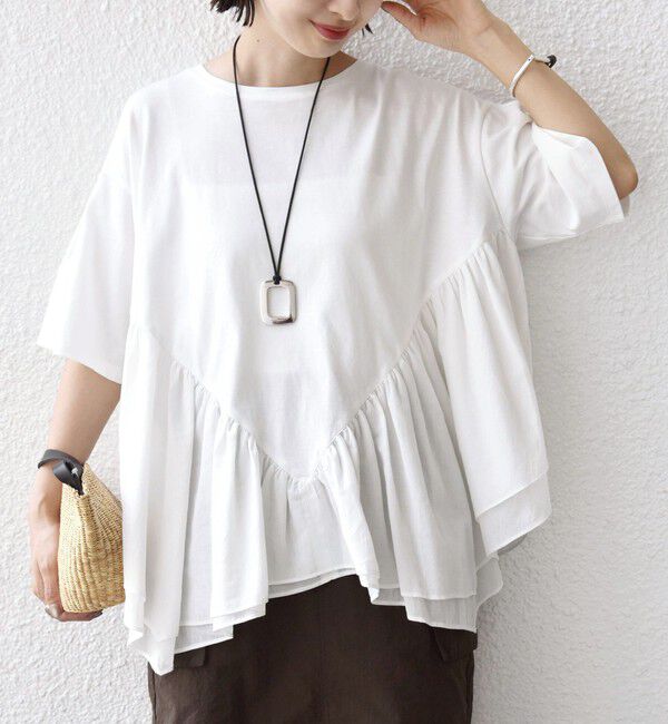 SHIPS for women「【WEB限定】〈手洗い可能〉ランダム ギャザー ドッキング TEE」|Tシャツ・カットソー|