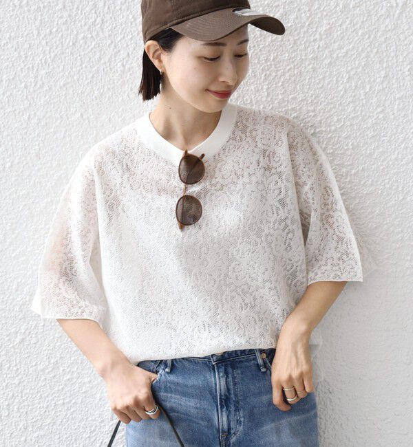 SHIPS for women「〈手洗い可能〉レース ジャカード ショートスリーブ カットソー」|Tシャツ・カットソー|