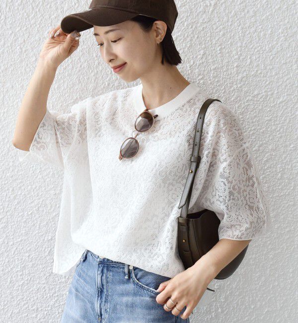 SHIPS for women「〈手洗い可能〉レース ジャカード ショートスリーブ カットソー」|Tシャツ・カットソー|