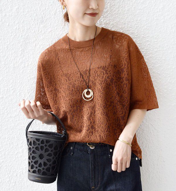 SHIPS for women「〈手洗い可能〉レース ジャカード ショートスリーブ カットソー」|Tシャツ・カットソー|ブラウン