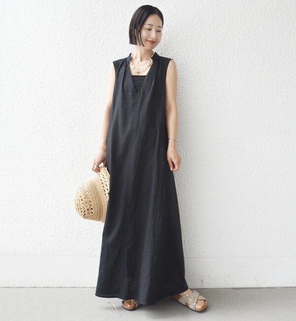 SHIPS for women「【WEB限定】〈手洗い可能〉レーヨン 麻 ステッチ デザイン Vネック ワンピース」|ワンピース|
