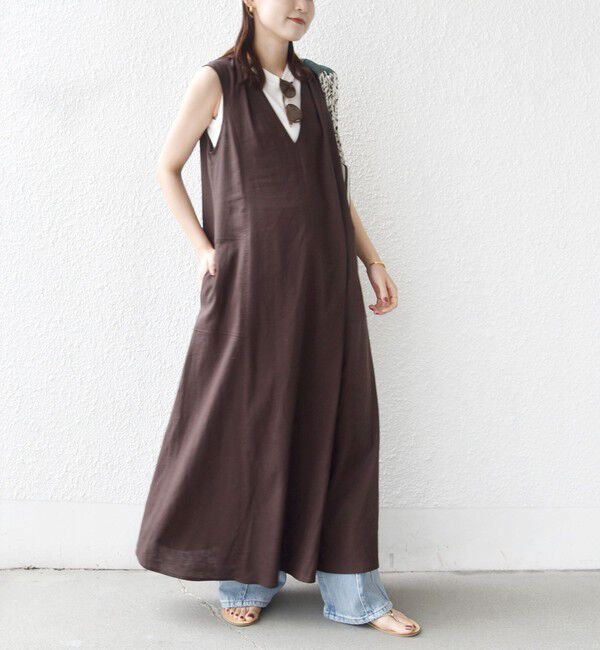SHIPS for women「【WEB限定】〈手洗い可能〉レーヨン 麻 ステッチ デザイン Vネック ワンピース」|ワンピース|