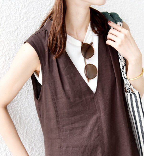 SHIPS for women「【WEB限定】〈手洗い可能〉レーヨン 麻 ステッチ デザイン Vネック ワンピース」|ワンピース|