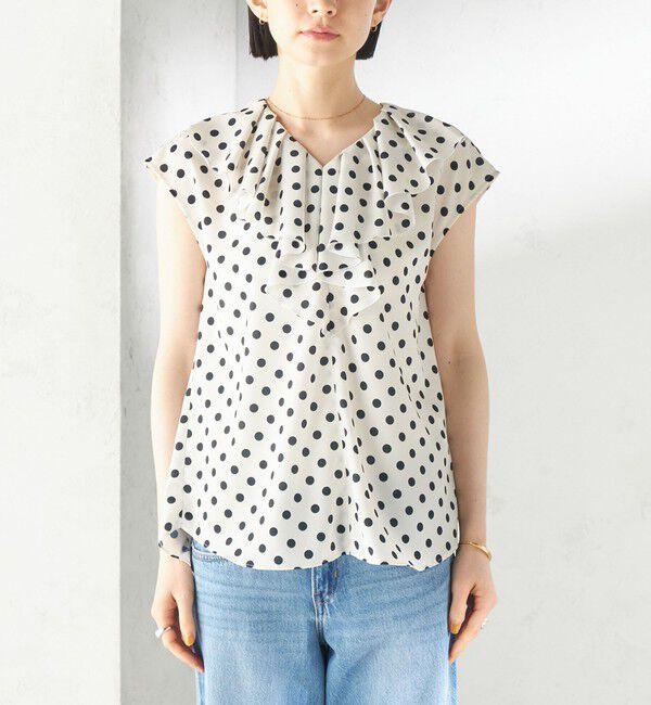 SHIPS for women「〈手洗い可能〉ドット フリル Vネック フレンチスリーブ ブラウス」|シャツ・ブラウス|