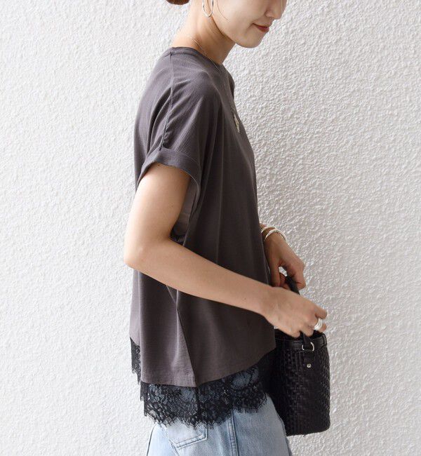 SHIPS for women「〈手洗い可能〉レース コンビ フレンチ スリーブ TEE」|Tシャツ・カットソー|