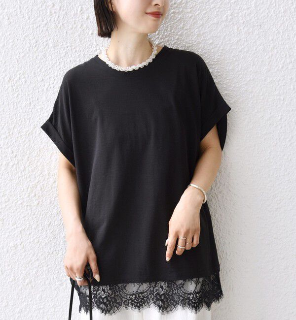 SHIPS for women「〈手洗い可能〉レース コンビ フレンチ スリーブ TEE」|Tシャツ・カットソー|