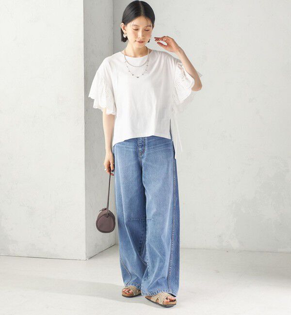 SHIPS for women「〈洗濯機可能〉Sohana: シフリー 刺繍 レース スリーブ TEE」|Tシャツ・カットソー|