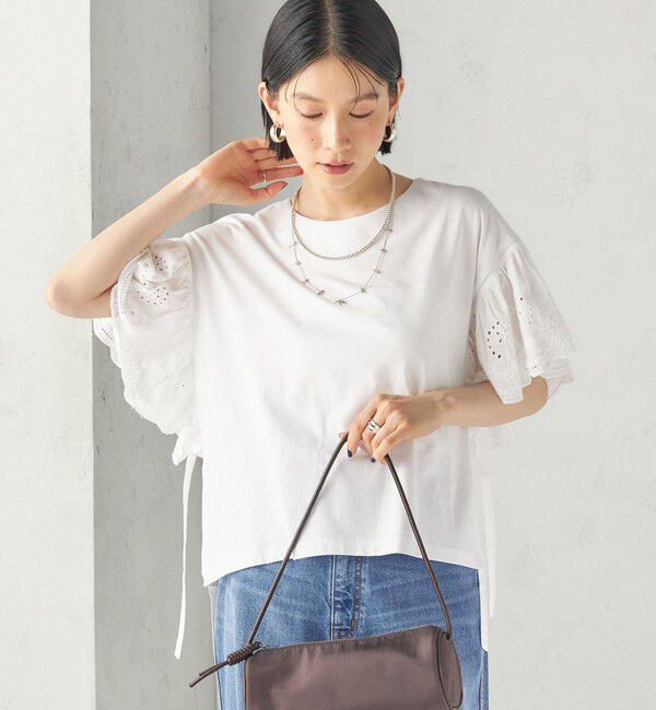SHIPS for women「〈洗濯機可能〉Sohana: シフリー 刺繍 レース スリーブ TEE」|Tシャツ・カットソー|