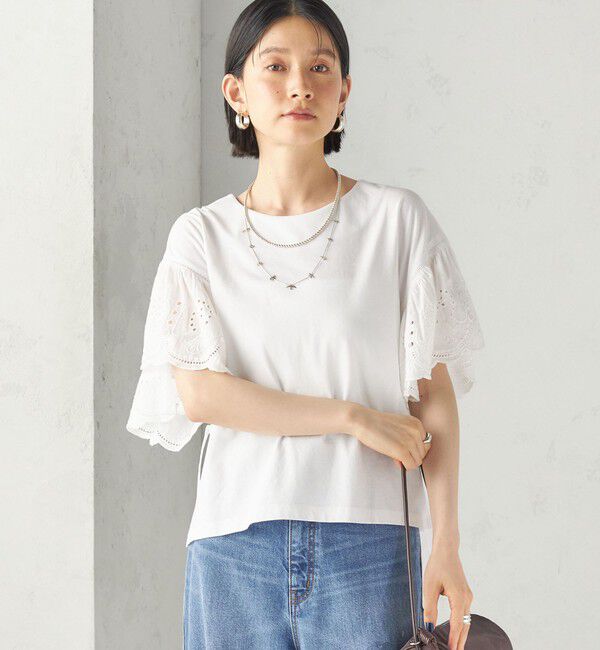 SHIPS for women「〈洗濯機可能〉Sohana: シフリー 刺繍 レース スリーブ TEE」|Tシャツ・カットソー|