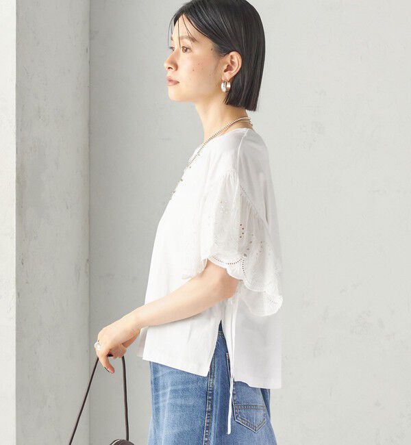 SHIPS for women「〈洗濯機可能〉Sohana: シフリー 刺繍 レース スリーブ TEE」|Tシャツ・カットソー|