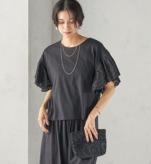 SHIPS for women「〈洗濯機可能〉Sohana: シフリー 刺繍 レース スリーブ TEE」|Tシャツ・カットソー|
