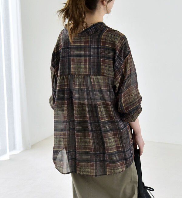 quaranciel「quaranciel:〈洗濯機可能〉シアー チェック ギャザー プルオーバー シャツ」|シャツ・ブラウス|