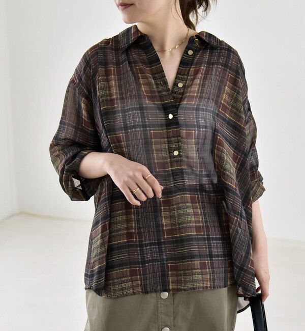 quaranciel「quaranciel:〈洗濯機可能〉シアー チェック ギャザー プルオーバー シャツ」|シャツ・ブラウス|