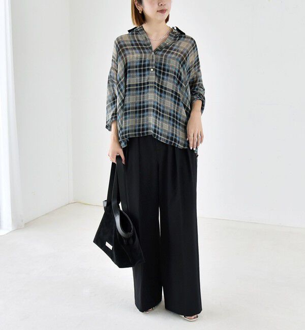quaranciel「quaranciel:〈洗濯機可能〉シアー チェック ギャザー プルオーバー シャツ」|シャツ・ブラウス|