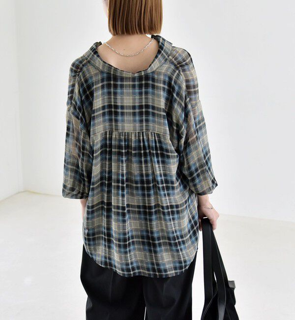 quaranciel「quaranciel:〈洗濯機可能〉シアー チェック ギャザー プルオーバー シャツ」|シャツ・ブラウス|