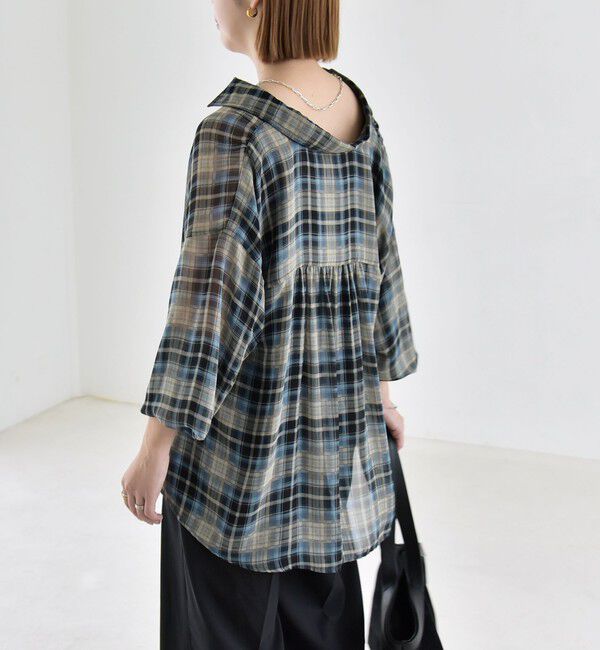 quaranciel「quaranciel:〈洗濯機可能〉シアー チェック ギャザー プルオーバー シャツ」|シャツ・ブラウス|
