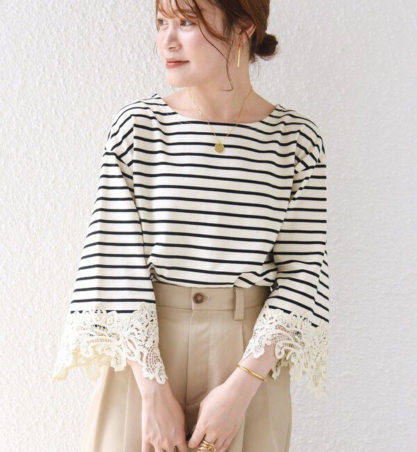 SHIPS for women「〈手洗い可能〉ボーダー 袖 レース ワイド プルオーバー」|Tシャツ・カットソー|ブラック