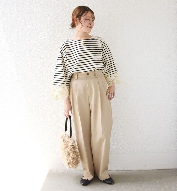 SHIPS for women「〈手洗い可能〉ボーダー 袖 レース ワイド プルオーバー」|Tシャツ・カットソー|