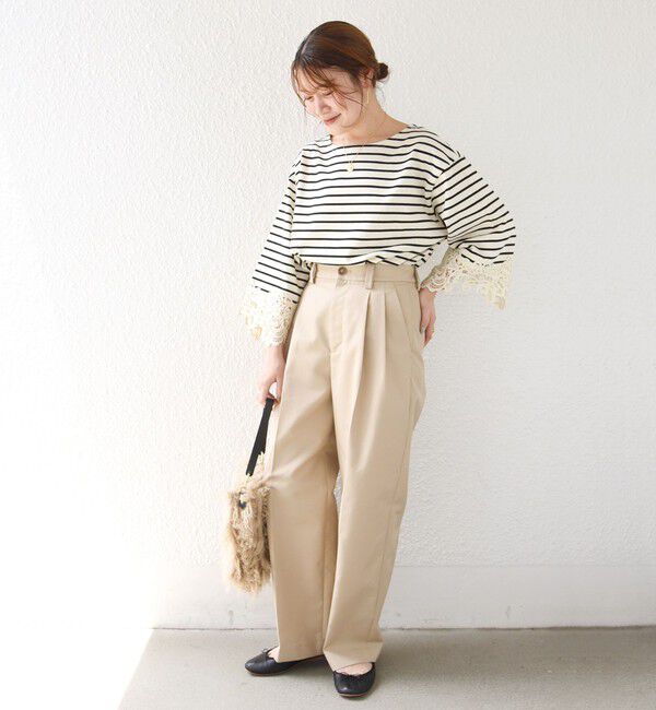 SHIPS for women「〈手洗い可能〉ボーダー 袖 レース ワイド プルオーバー」|Tシャツ・カットソー|