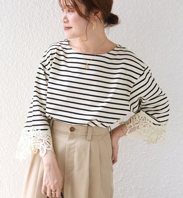 SHIPS for women「〈手洗い可能〉ボーダー 袖 レース ワイド プルオーバー」|Tシャツ・カットソー|
