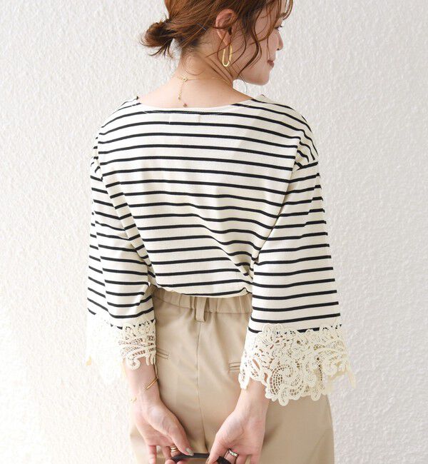 SHIPS for women「〈手洗い可能〉ボーダー 袖 レース ワイド プルオーバー」|Tシャツ・カットソー|