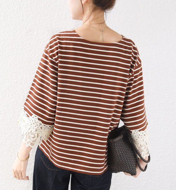 SHIPS for women「〈手洗い可能〉ボーダー 袖 レース ワイド プルオーバー」|Tシャツ・カットソー|